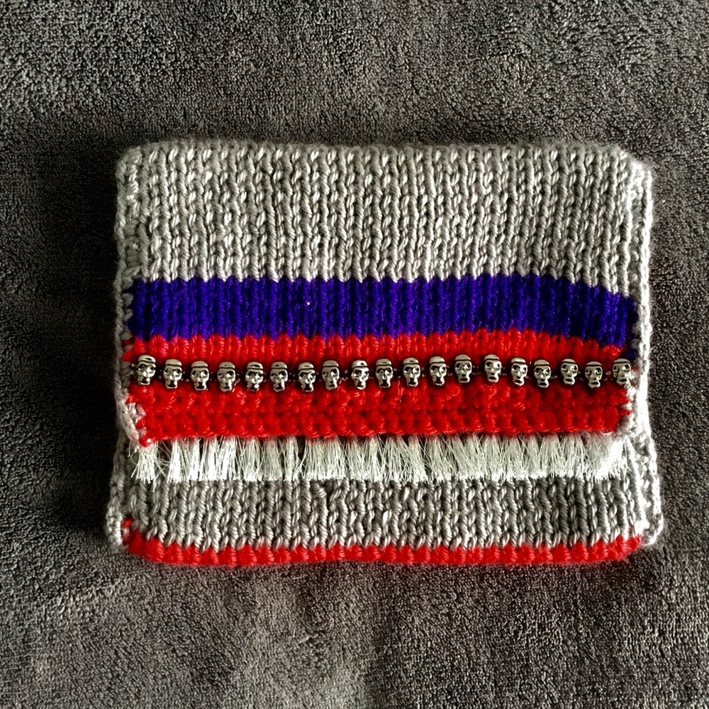 Handcrafted Gray and Red Knit Clutch